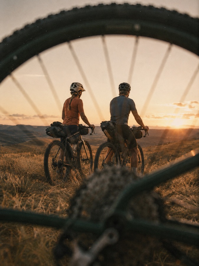 Dos ciclistas con sus bicicletas al atardecer